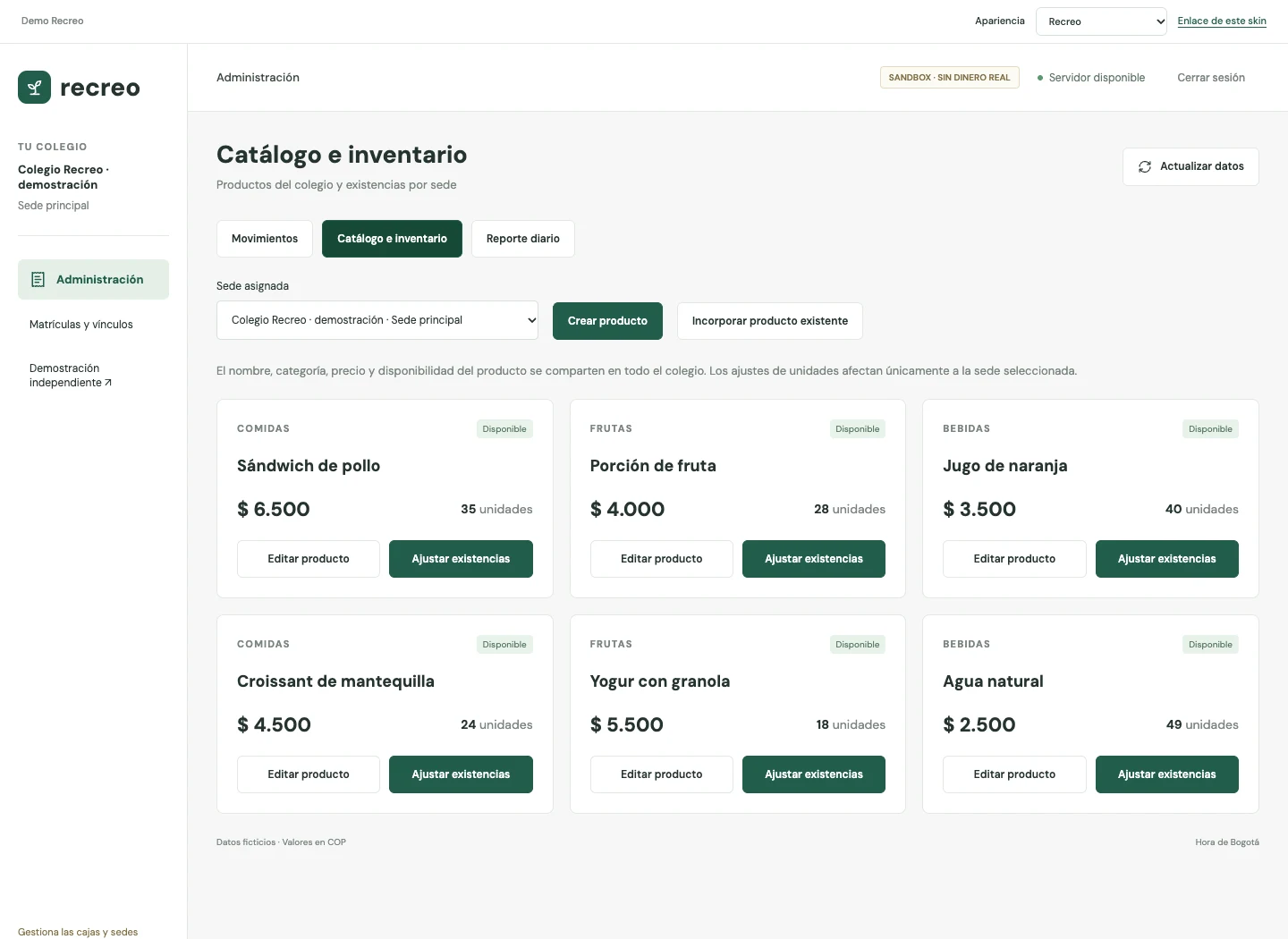 Catálogo e inventario de la cafetería después de la compra